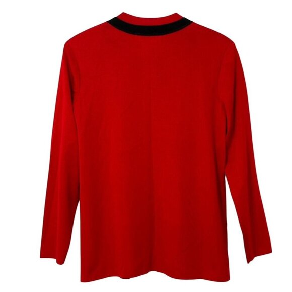 Exclusively Misook Open Jacket Red Black Trim Faux Pockets Shoulder Pads Size L - Picture 5 of 10